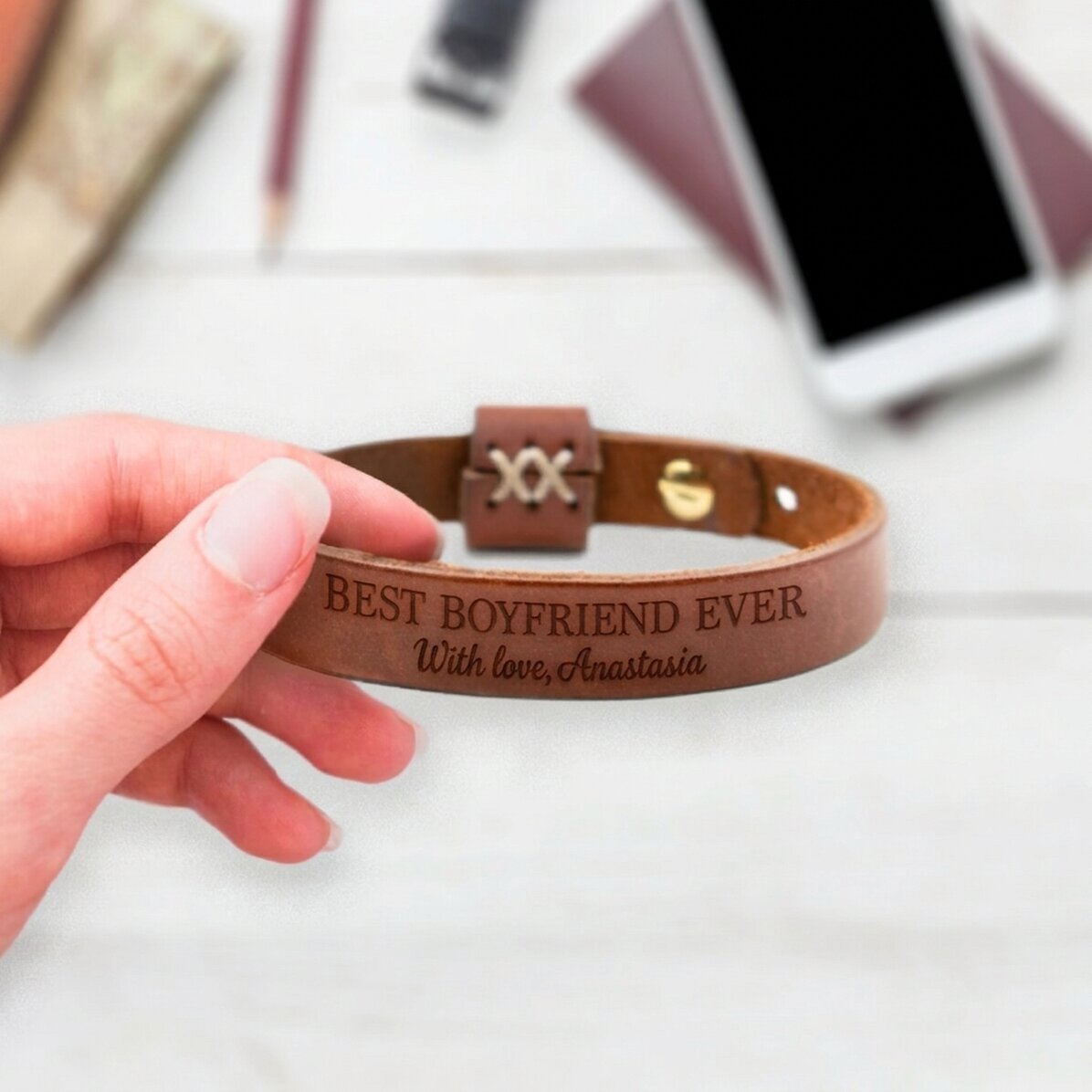 Gepersonaliseerde leren armband met tekst - With love