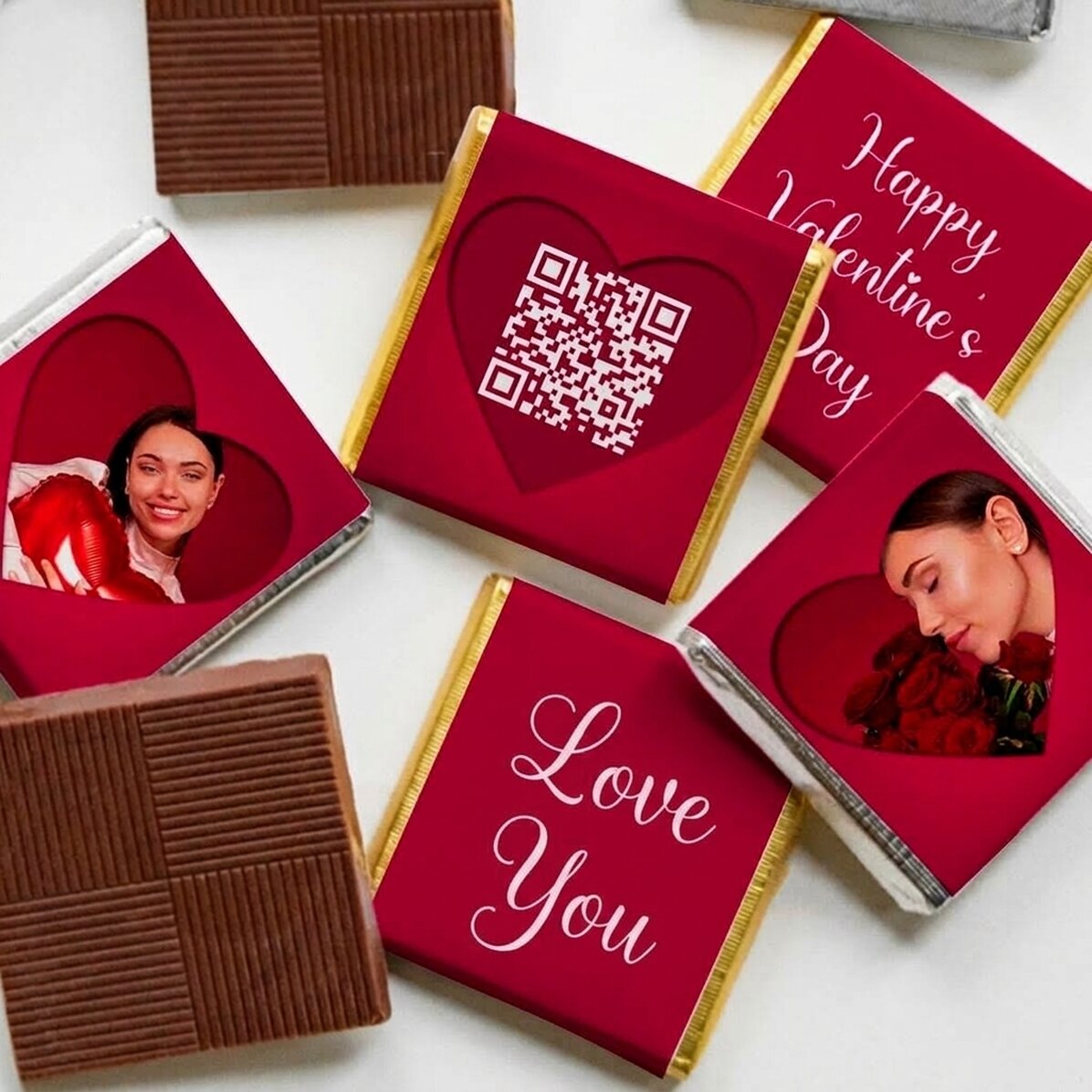 Lot de 5 mini-chocolats personnalisés avec des photos, un code QR et un texte - Love