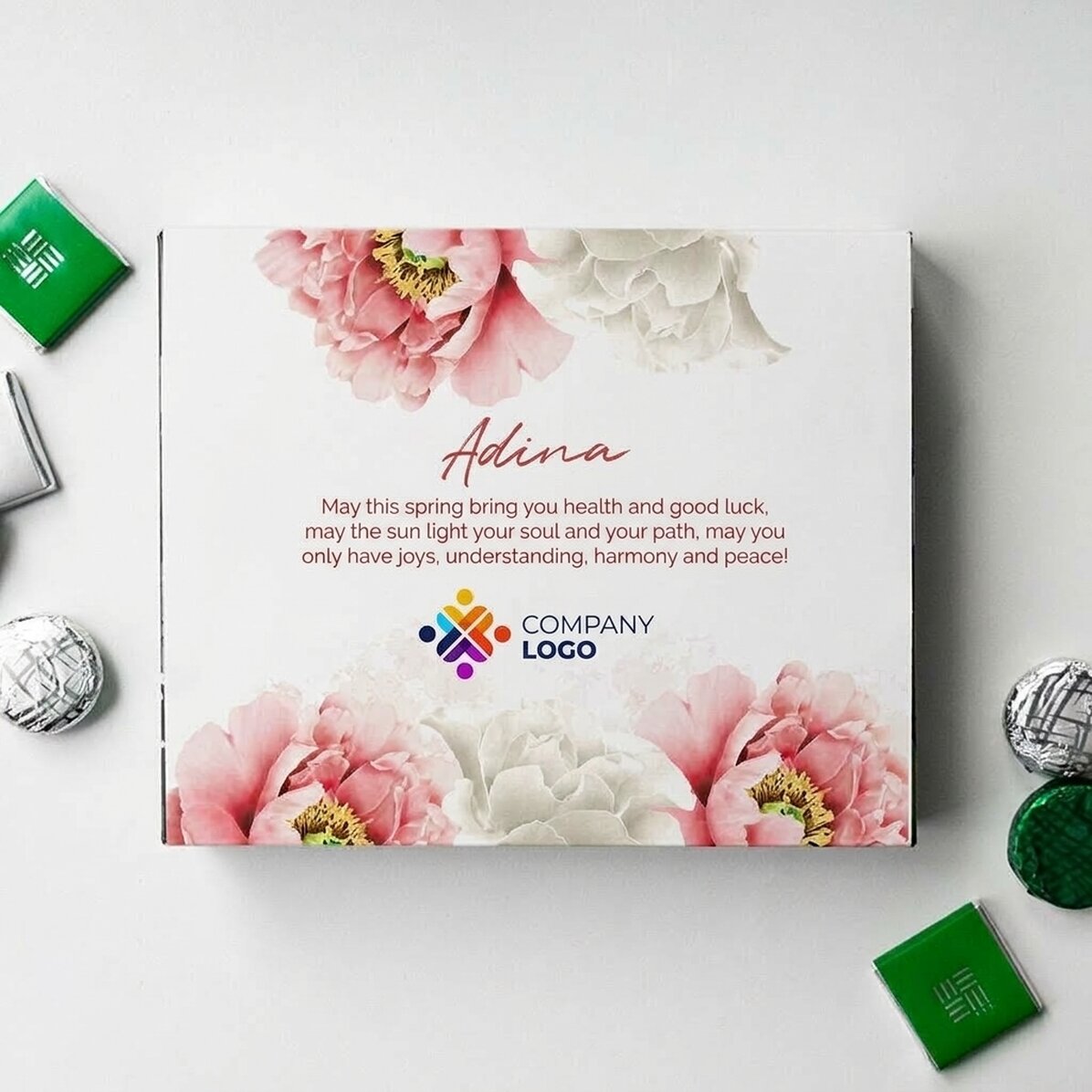 Gepersonaliseerde bonbondoos met logo en boodschap - Mooie lente