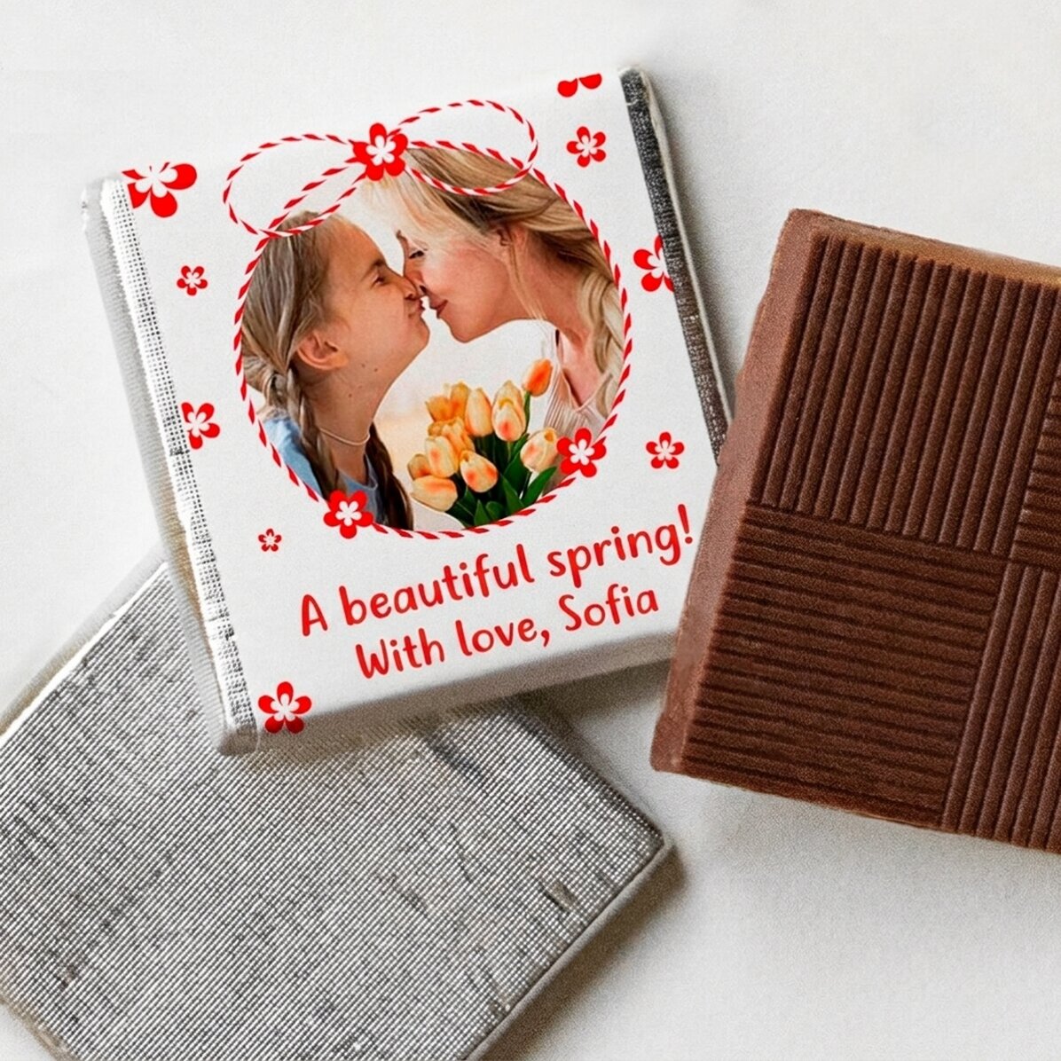 Gepersonaliseerde mini-chocolade met foto en boodschap