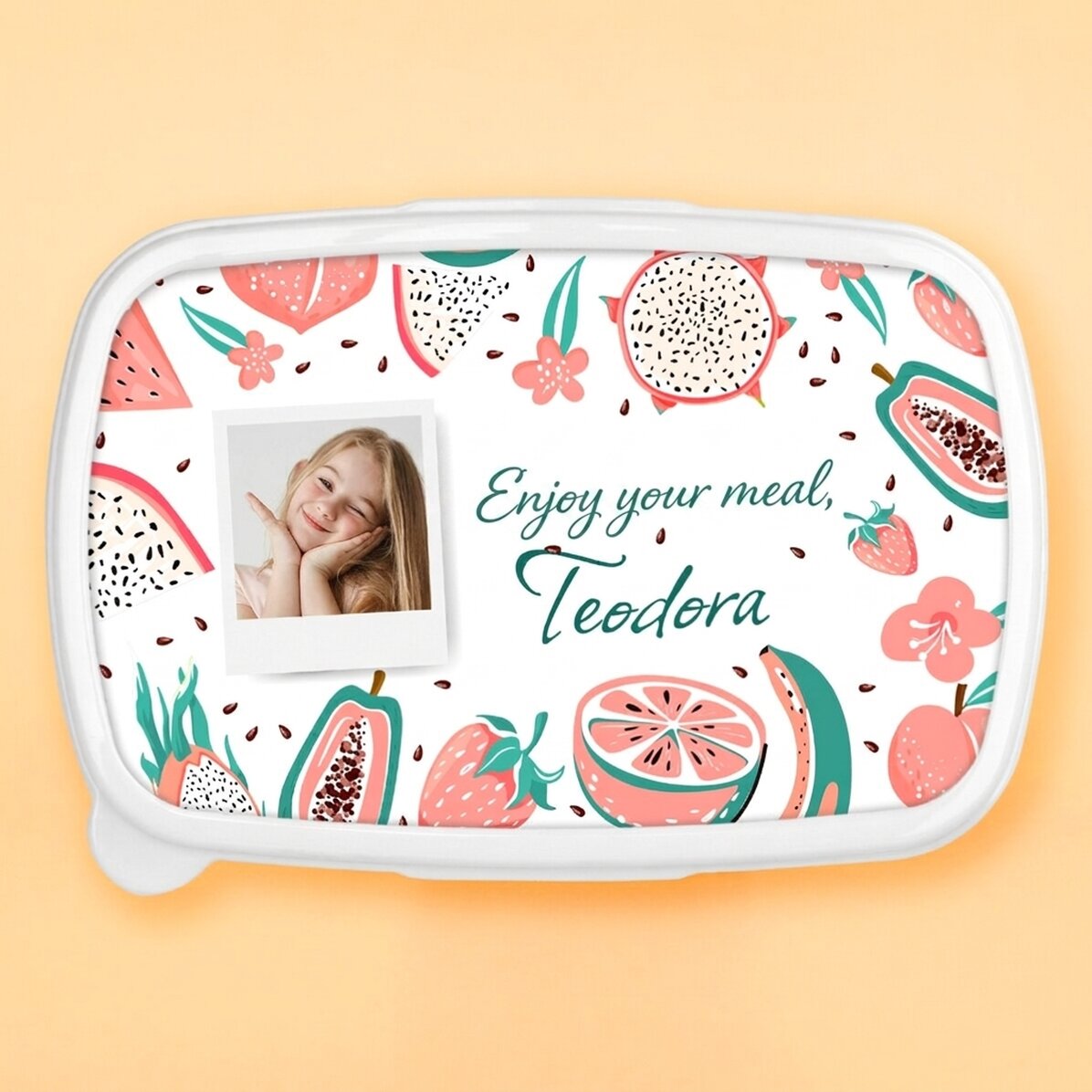 Lunchbox, gepersonaliseerde lunchtrommel met een foto en een boodschap - Fruit