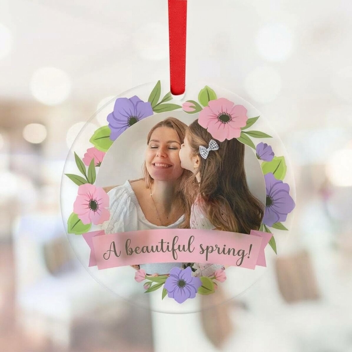 Rond sieraad, gepersonaliseerd met een foto en tekst - Floral