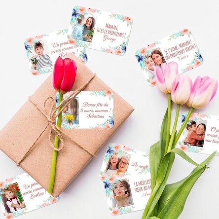Lot de 8 autocollants (étiquettes adhésives) personnalisés avec des photos et un message - Printemps