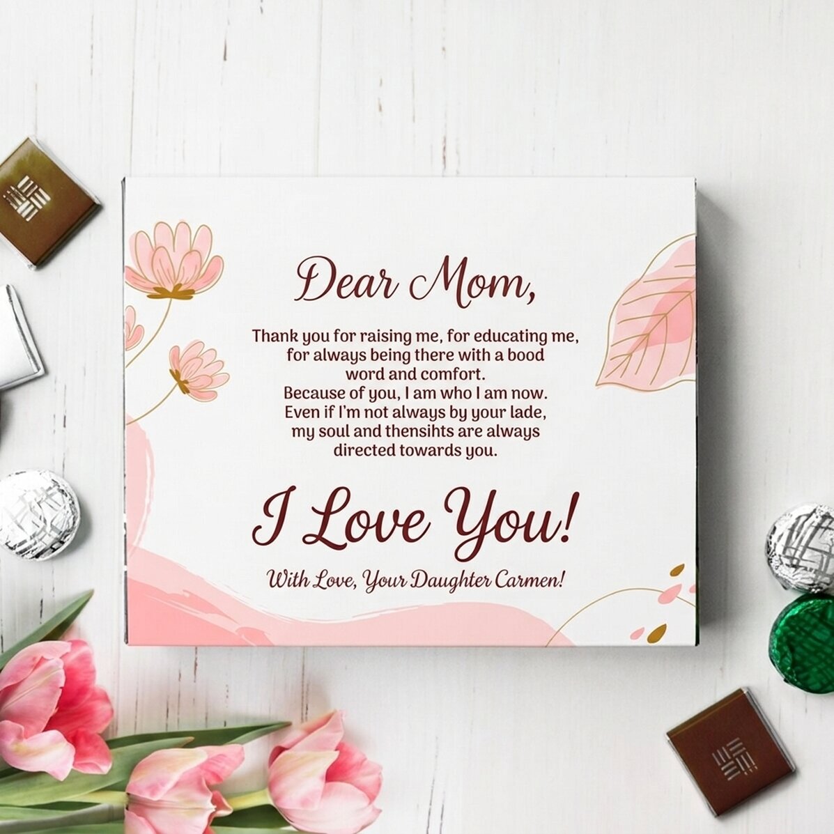 Boîte de bonbons personnalisée avec le texte : « Ma chère maman ! »