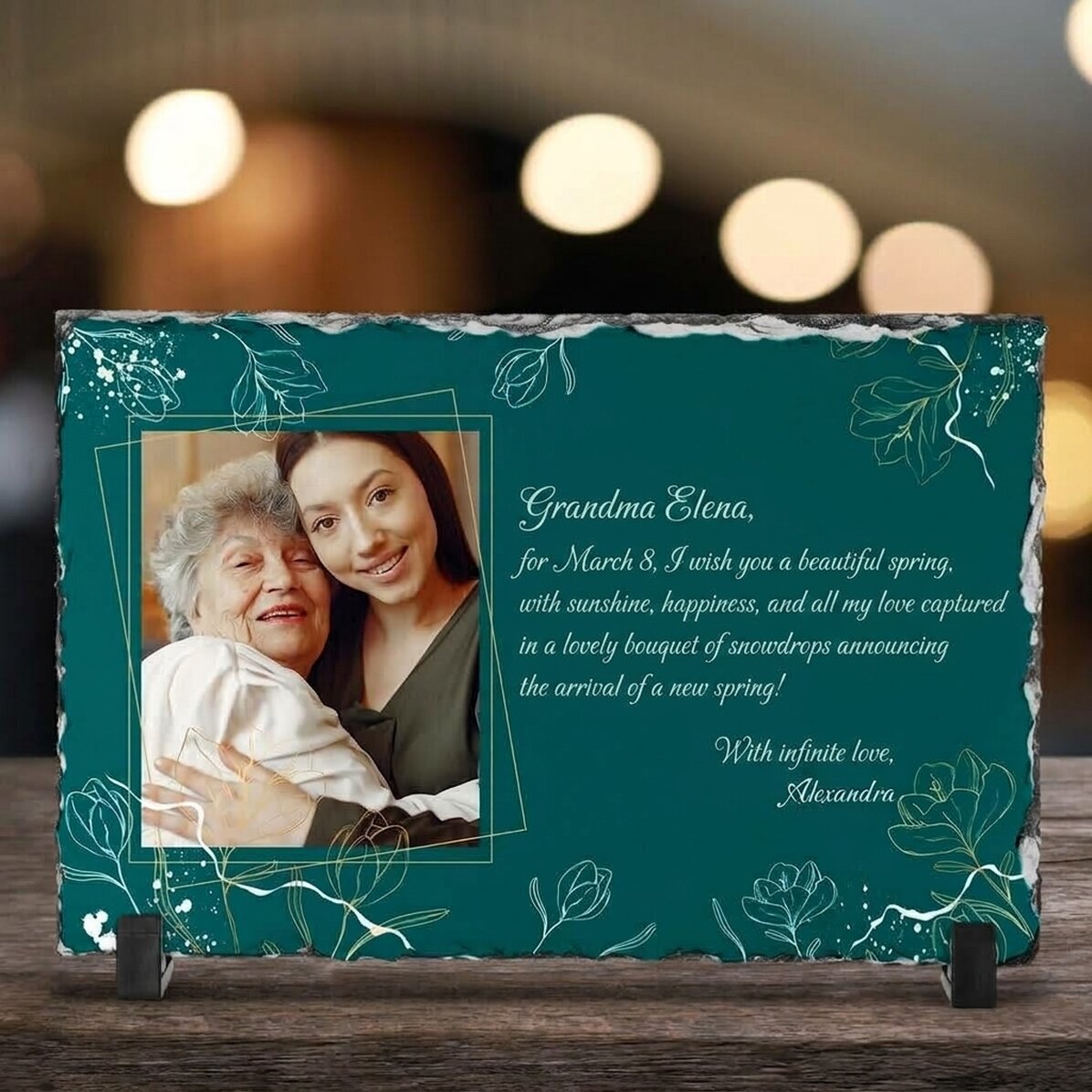 Plaque en ardoise personnalisée avec une photo et un message - Flowers