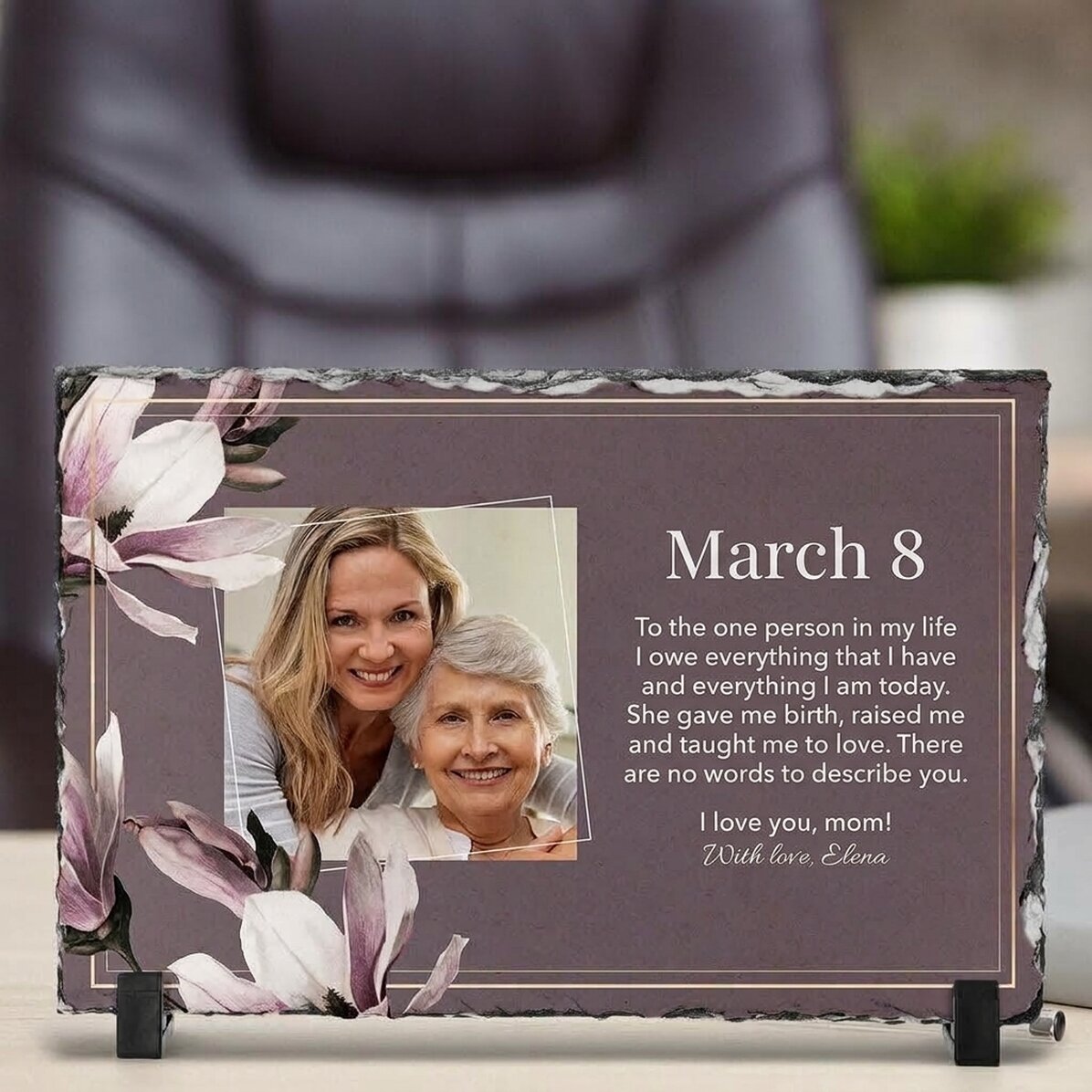 Plaque en ardoise personnalisée avec une photo et un message - 8 mars