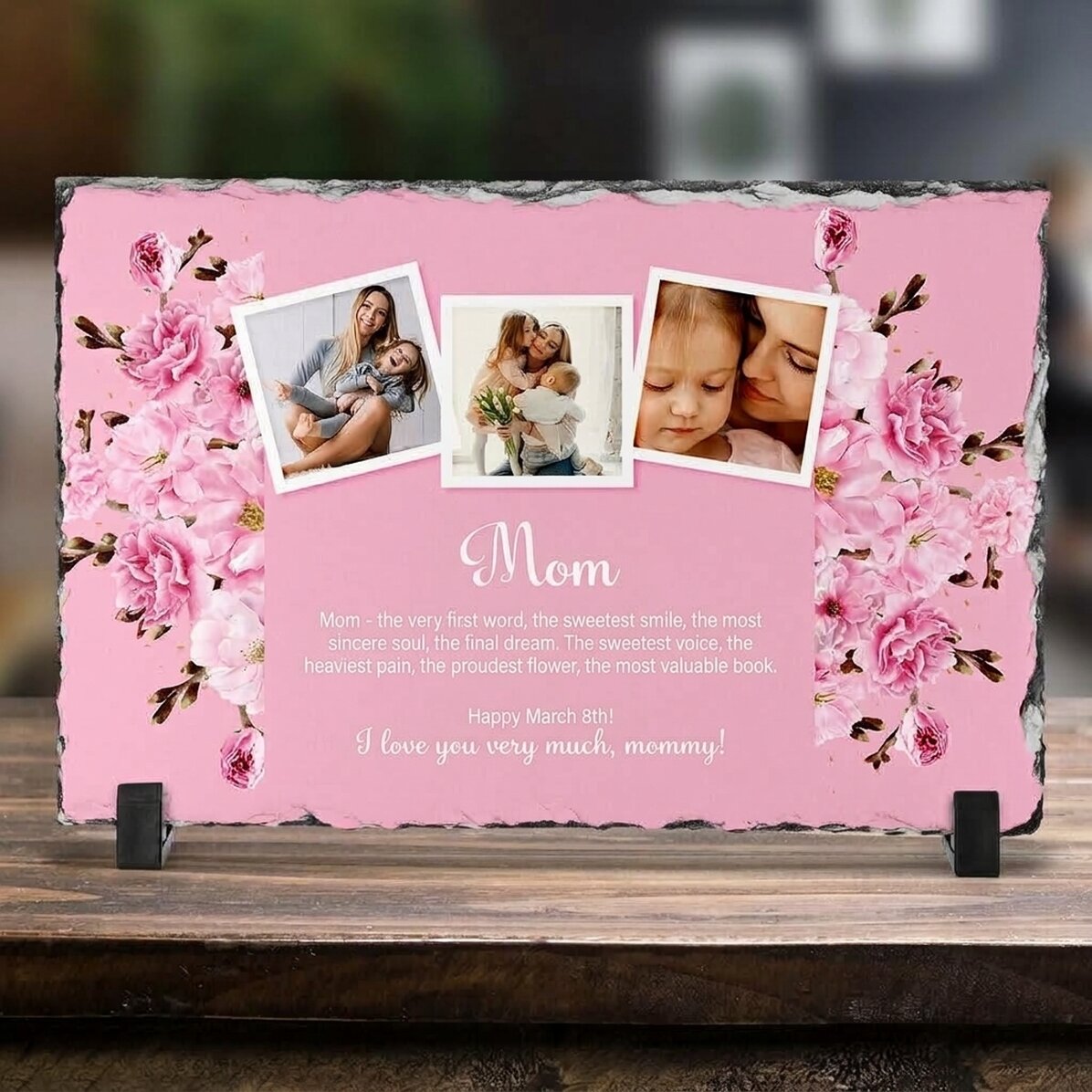 Plaque en ardoise personnalisée avec 3 photos et un message pour maman