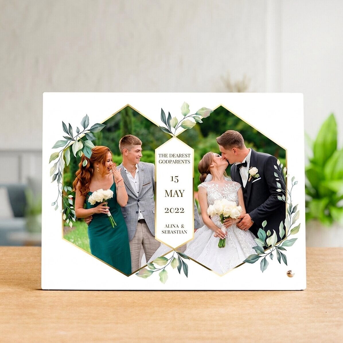 Gepersonaliseerde fotolijst voor op het bureau met 2 foto’s en tekst - Bruiloft
