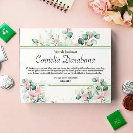 Gepersonaliseerd bonbondoosje met een bedankbericht voor de klassenlerares