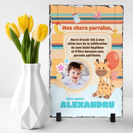 Plaque en ardoise personnalisée avec une photo et un message pour les parrains et marraines de baptê