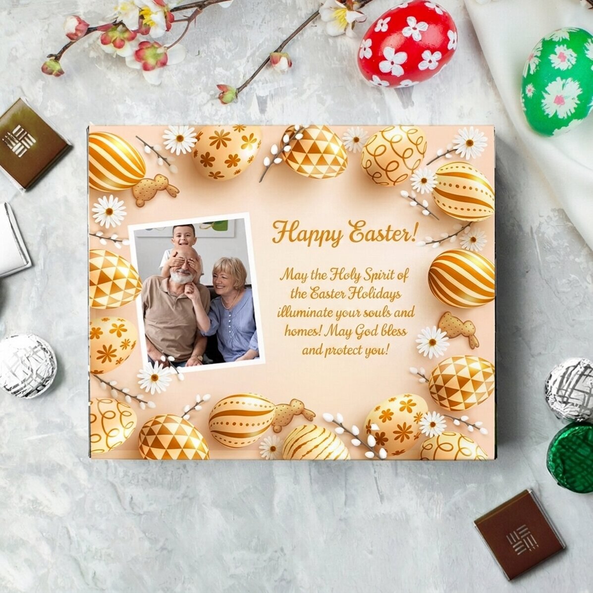 Boîte de bonbons personnalisée avec une photo et un message - Joyeuses Pâques !