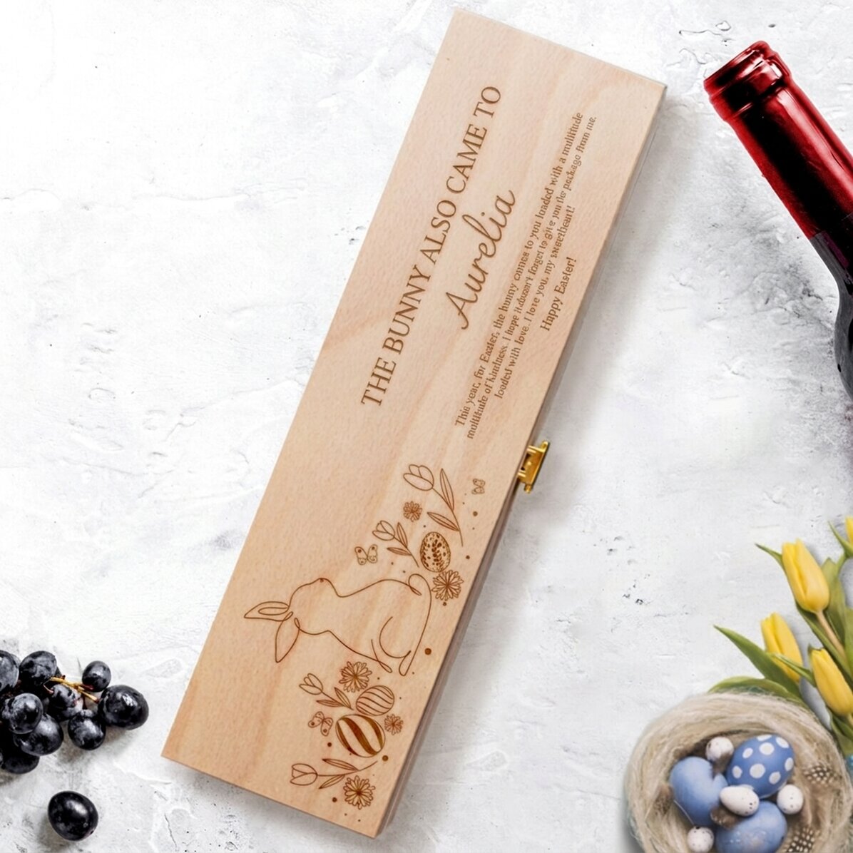Coffret de vin personnalisé avec un message pour Pâques - Lapin avec des fleurs