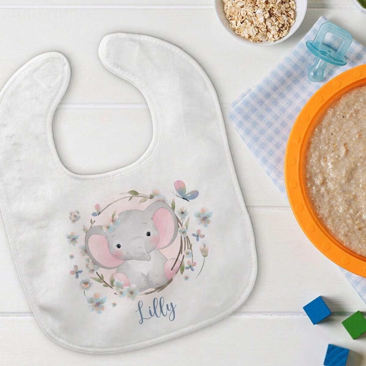 Bavoir personnalisé pour bébé avec prénom - Petit éléphant