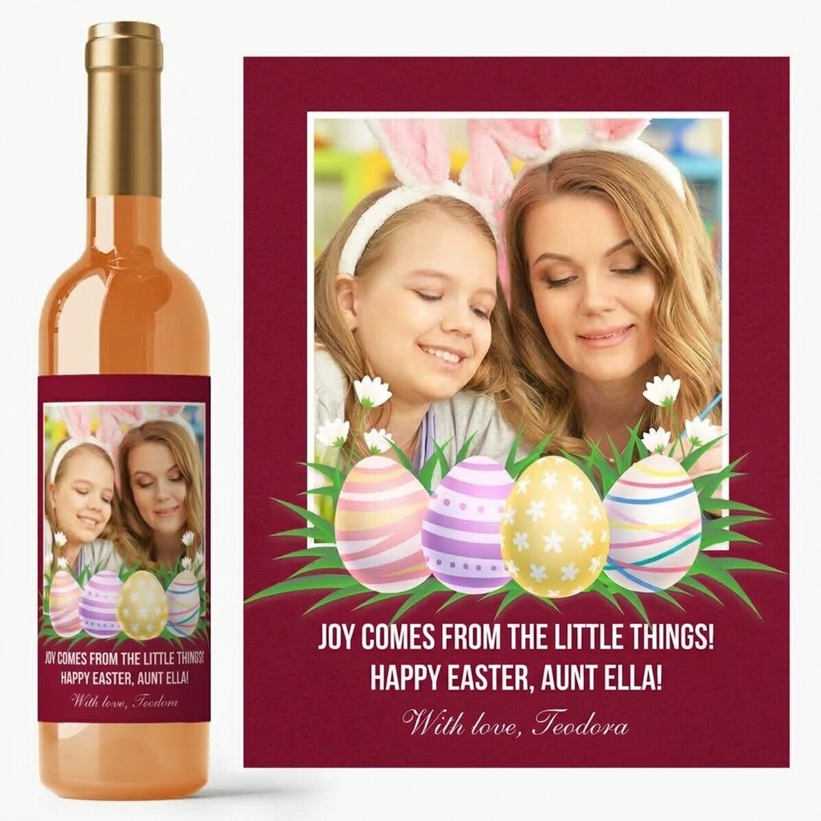 Vin personnalisé avec une photo et un message pour Pâques