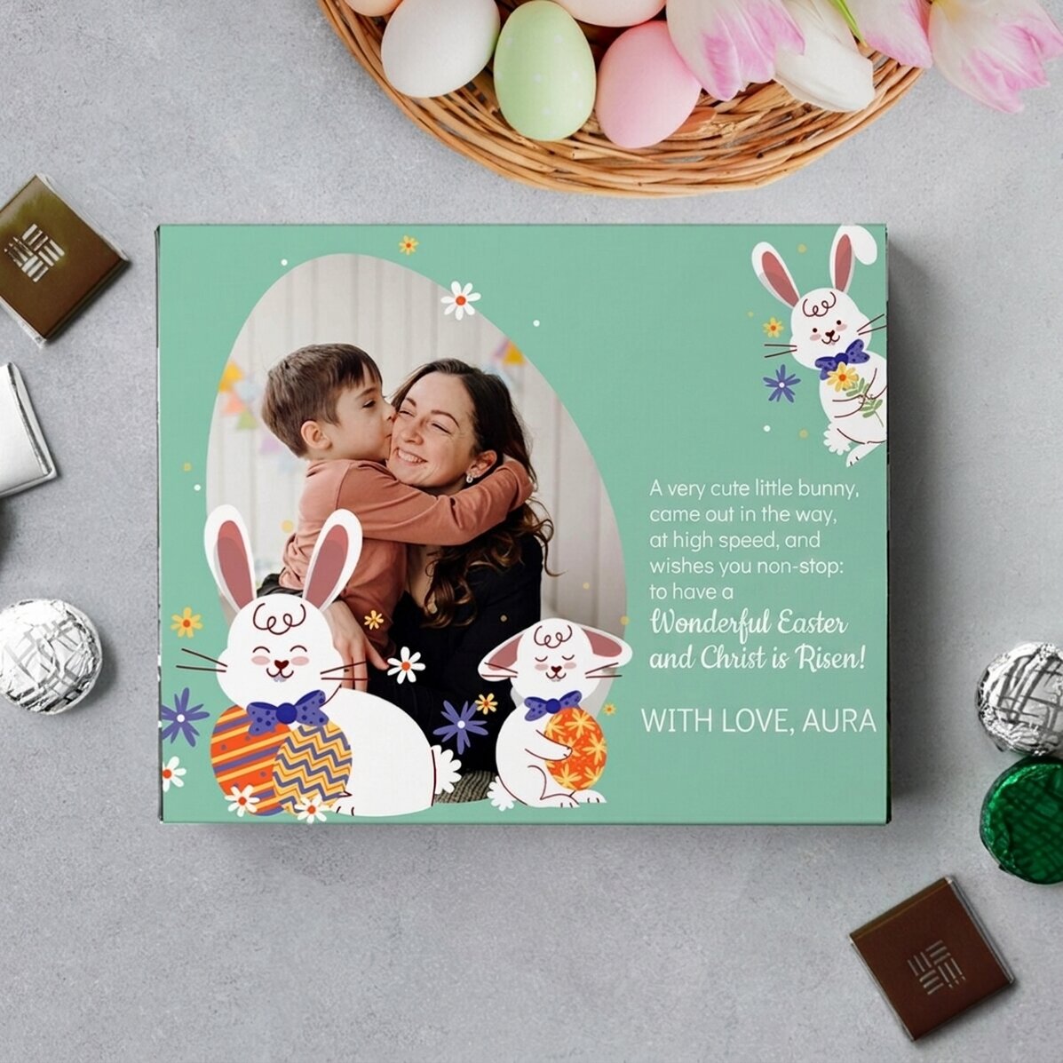 Gepersonaliseerd bonbonnière met een foto en een boodschap - Konijntje