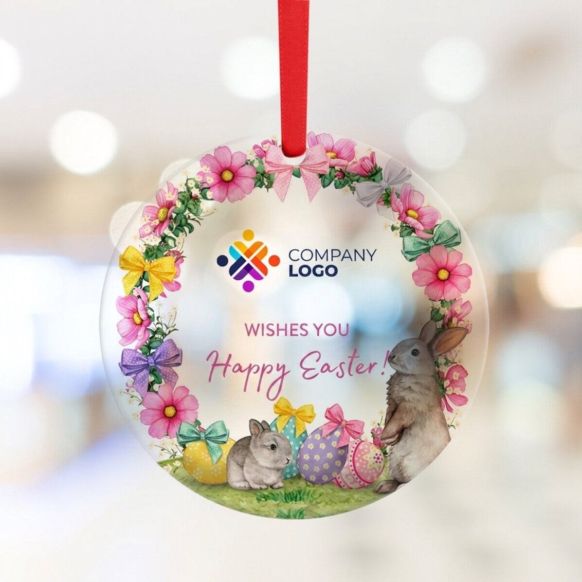 Décoration ronde personnalisée avec logo et texte - Joyeuses Pâques !