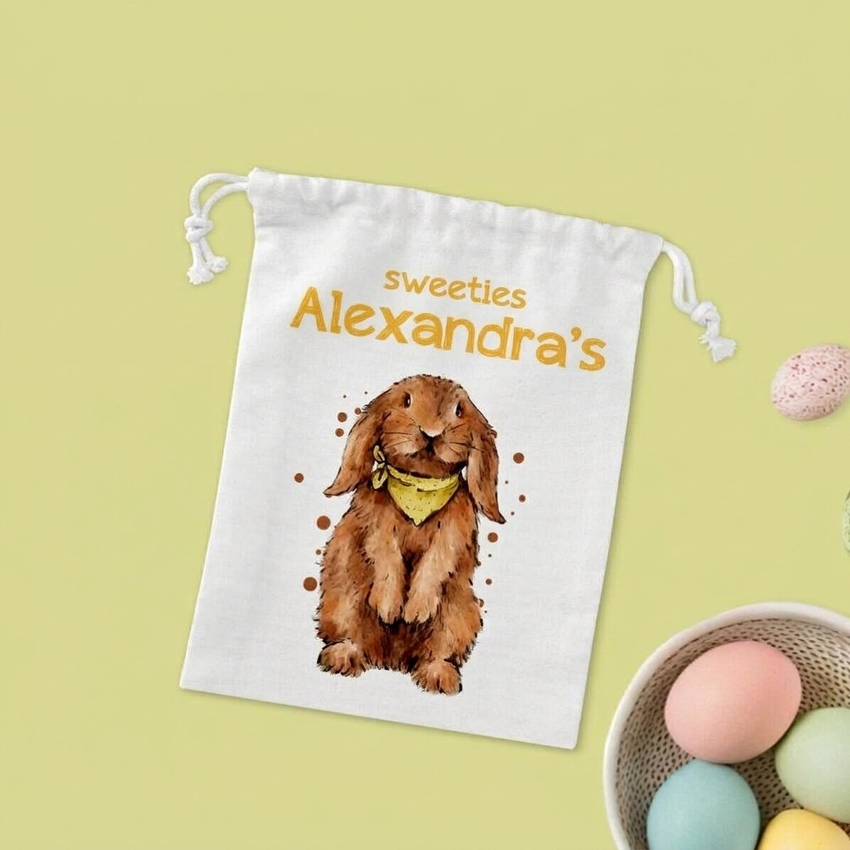 Petit sac cadeau personnalisé avec un message - Le lapin aux bonbons