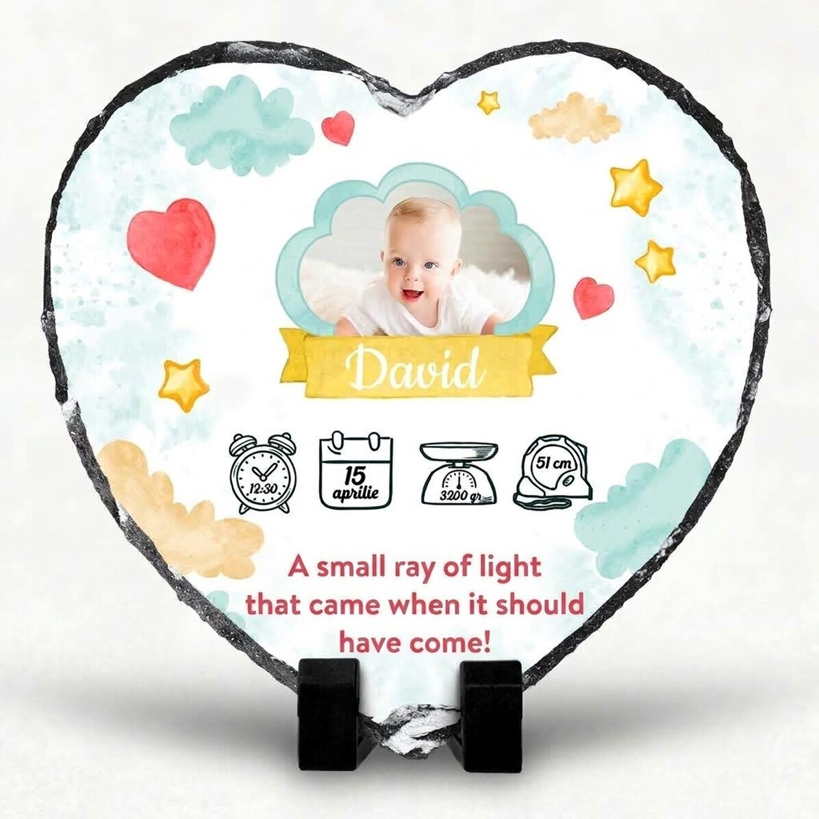 Ardoise en forme de cœur personnalisée avec un message et une photo - Rayon de lumière