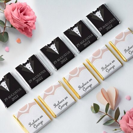 Set van 10 gepersonaliseerde minichocolade met tekst - Mr and Mrs