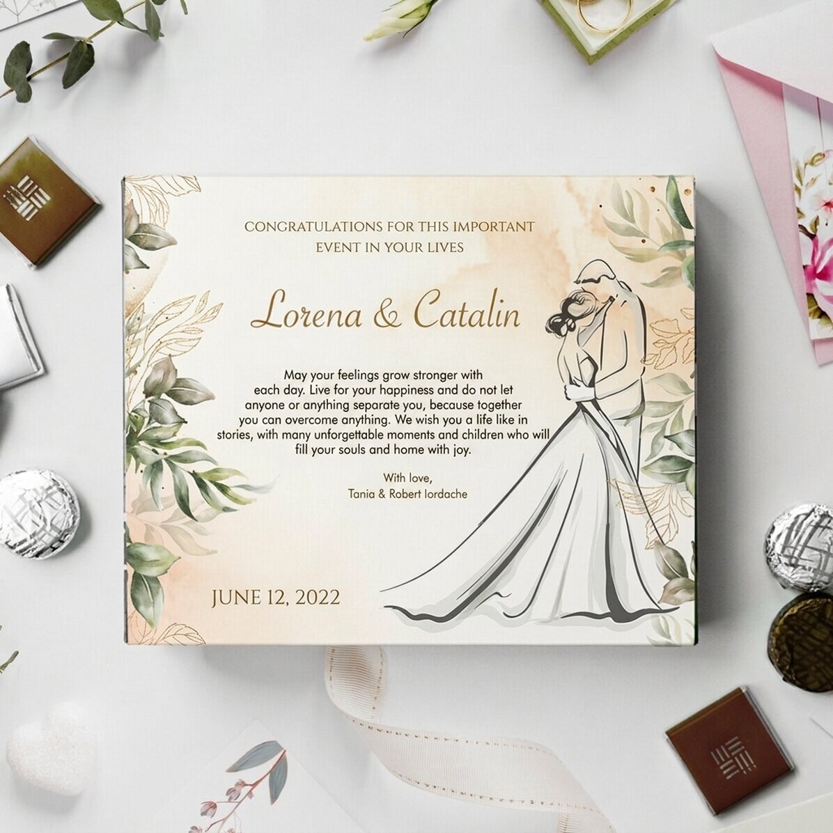 Boîte de bonbons personnalisée avec un message de mariage