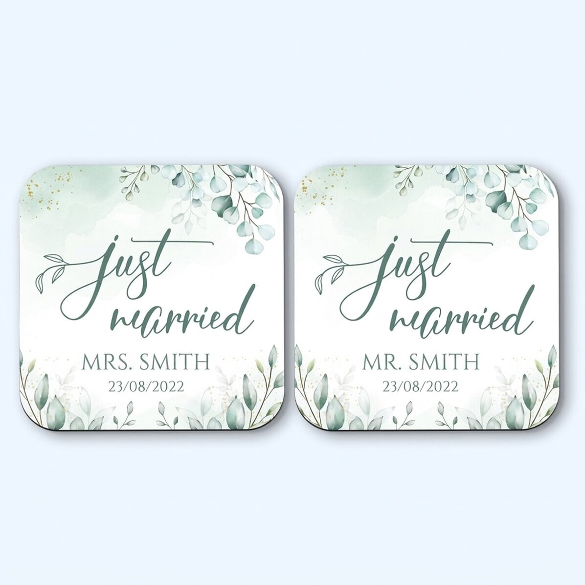 Set van 2 gepersonaliseerde glasonderzetters met tekst - Just Married Elegance