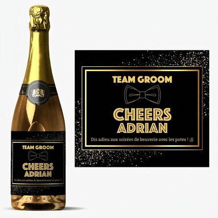 Vin mousseux personnalisé avec un message pour l'enterrement de vie de garçon - Cheers