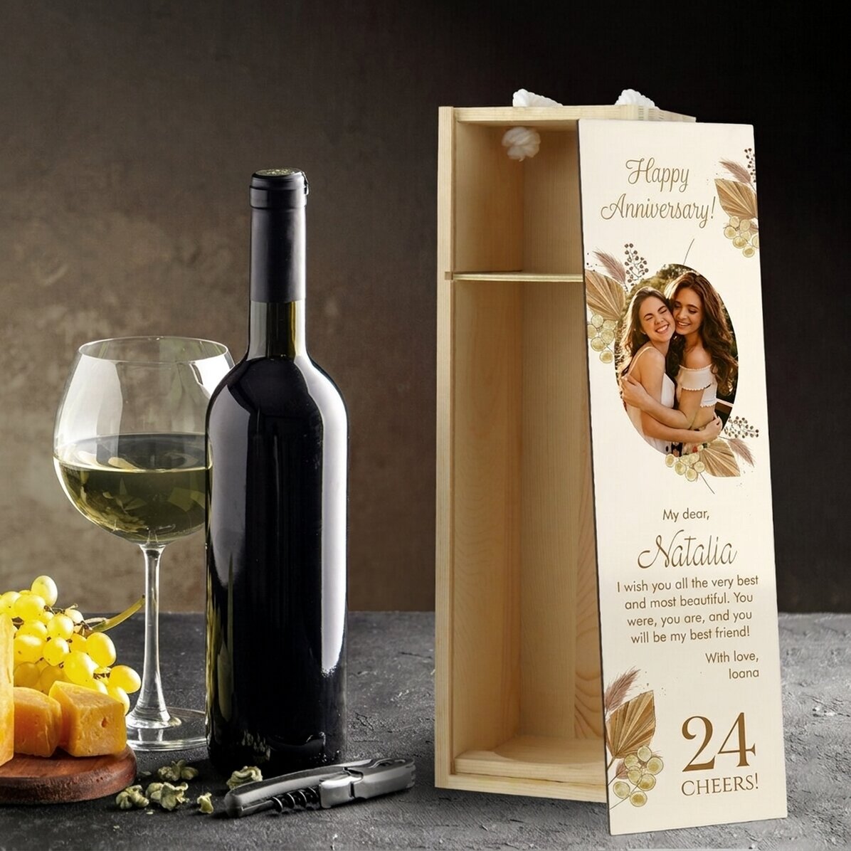 Caisse de vin personnalisée avec photo et texte - Joyeux anniversaire