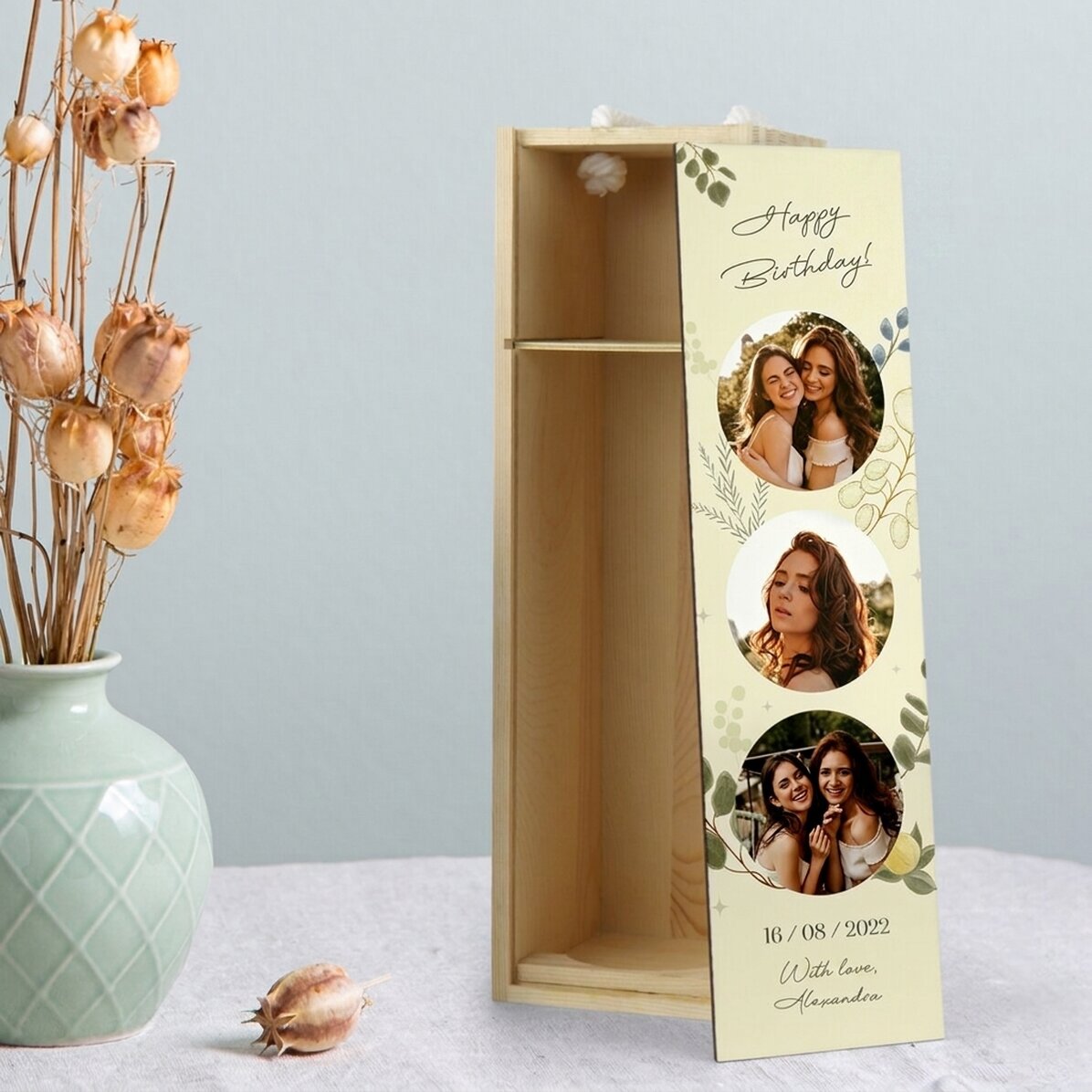 Coffret de vin personnalisé avec 3 photos et un texte - Pour elle