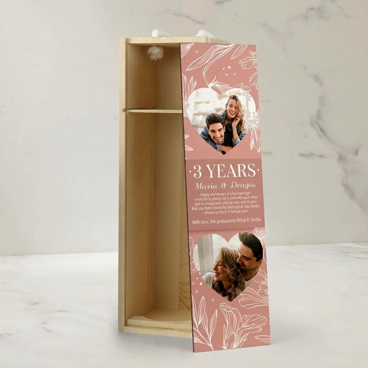 Coffret de vin personnalisé avec un texte et deux photos - Anniversaire de mariage