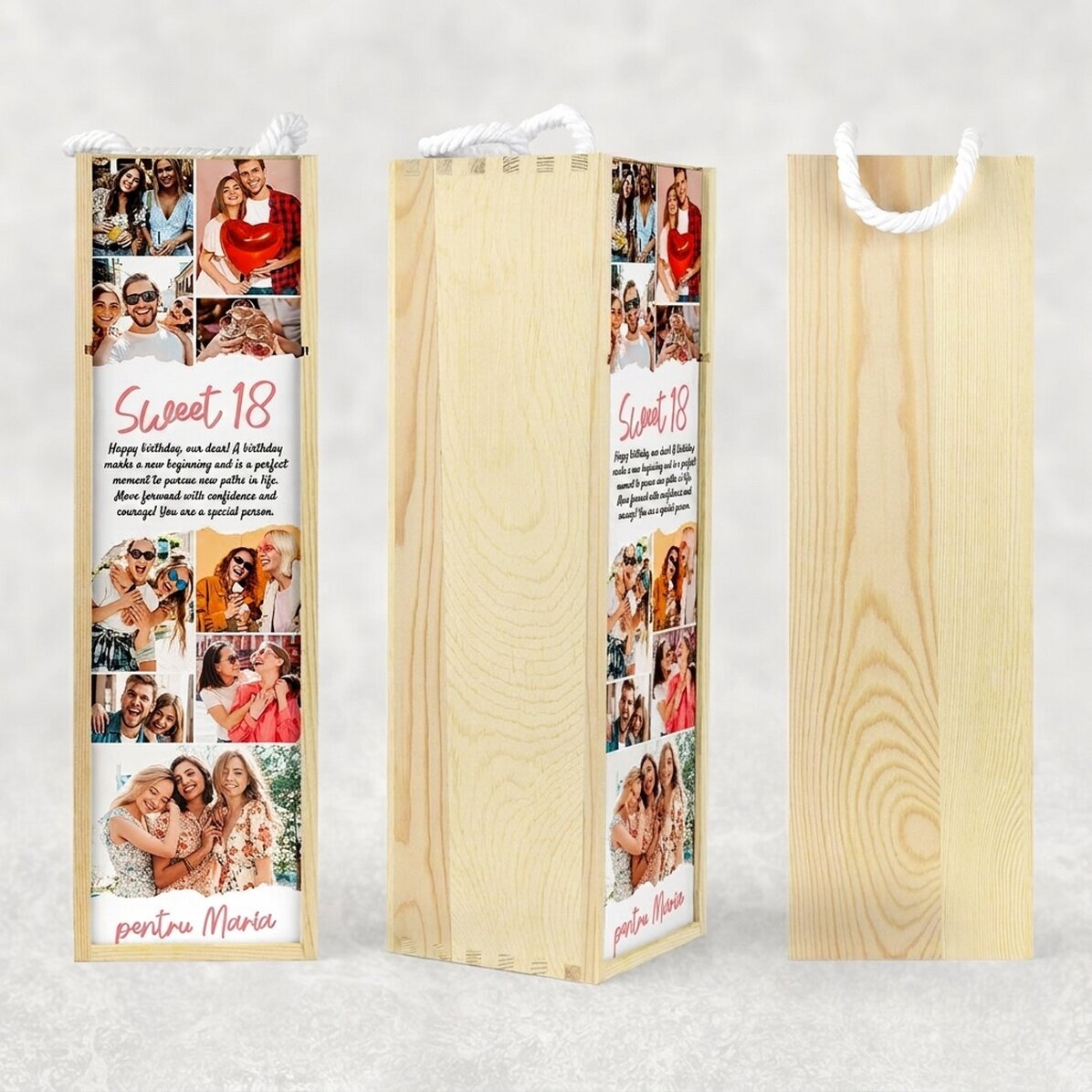 Coffret de vin personnalisé avec un texte et 9 photos pour un anniversaire - Sweet 18