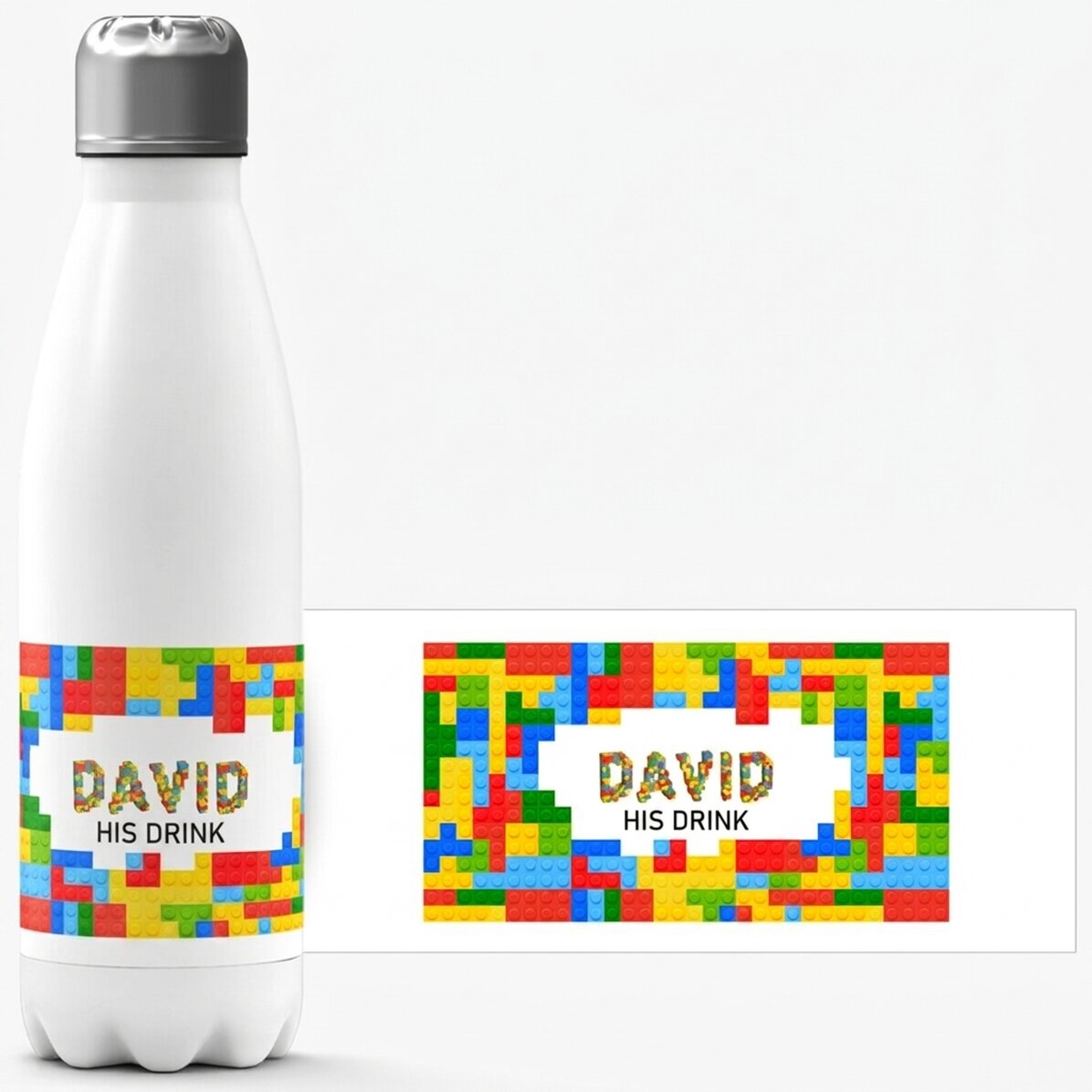 Thermosfles met witte bodem, gepersonaliseerd met naam - Lego