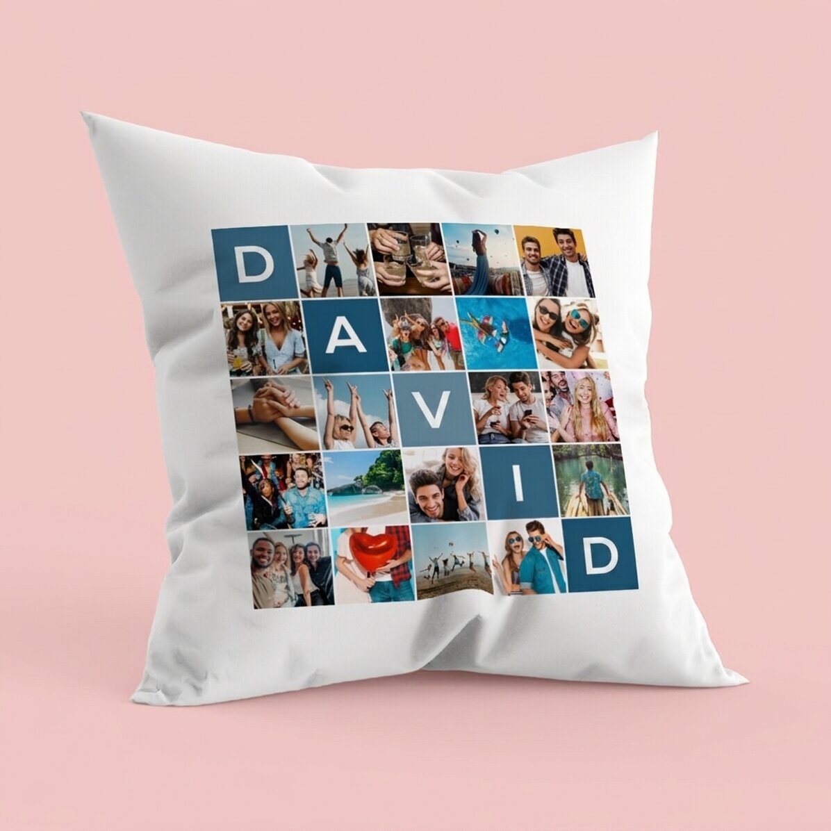 Oreiller personnalisé avec 20 photos et un prénom de 5 lettres