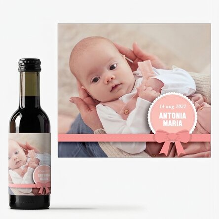 Mini-wijnflesje, gepersonaliseerd met een foto en tekst – Doopcadeau voor een meisje