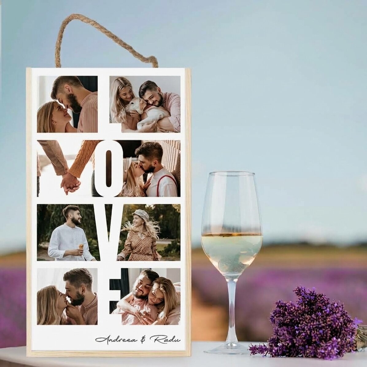 Coffret à vin pour 2 bouteilles, personnalisé avec 8 photos et un message - LOVE