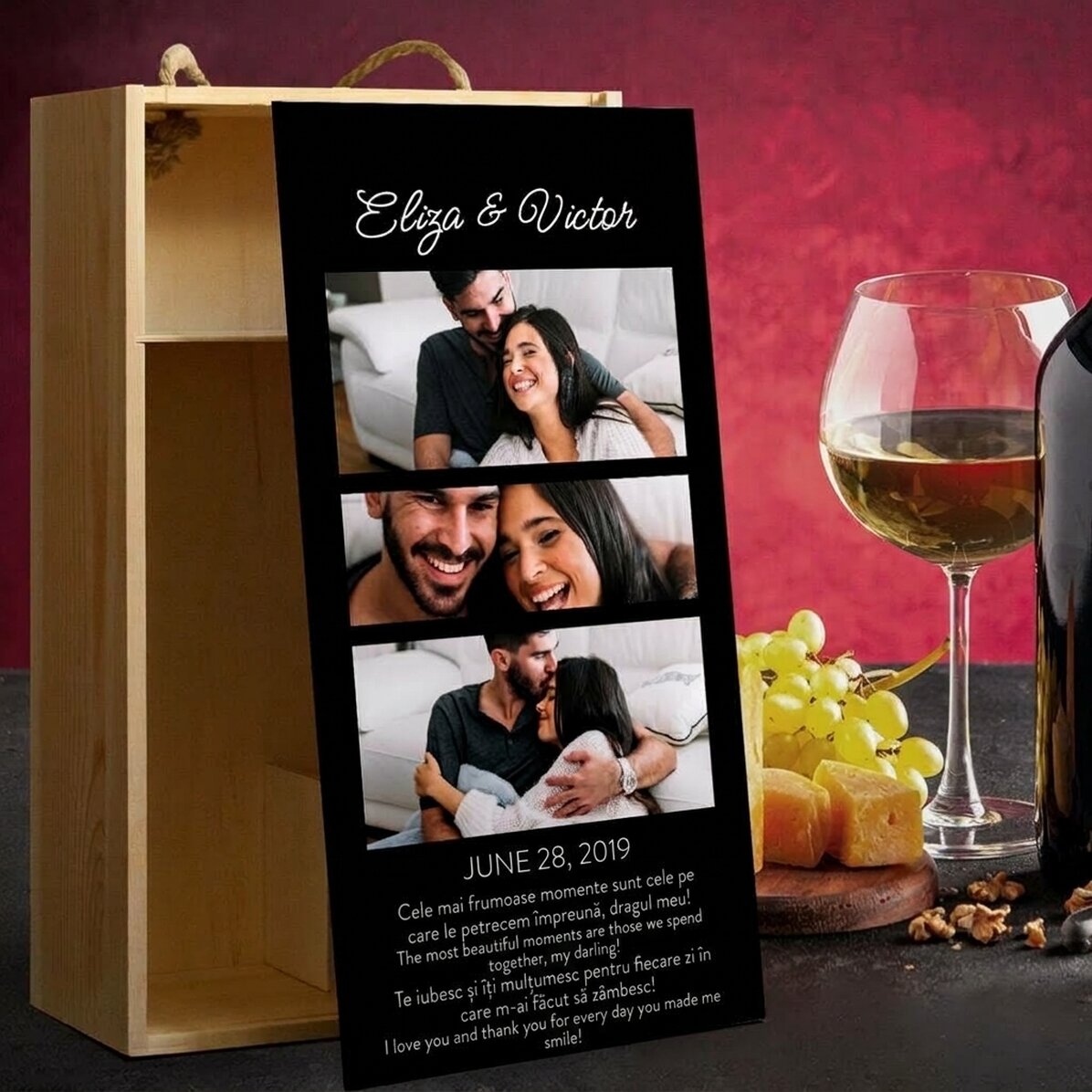 Coffret à vin pour 2 bouteilles, personnalisé avec 3 photos et un message pour vos proches