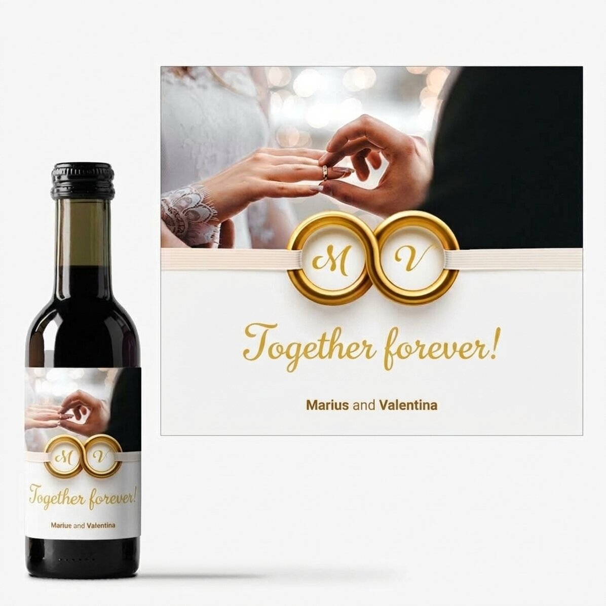 Mini-bouteille de vin personnalisée avec une photo et un texte - Ensemble pour toujours