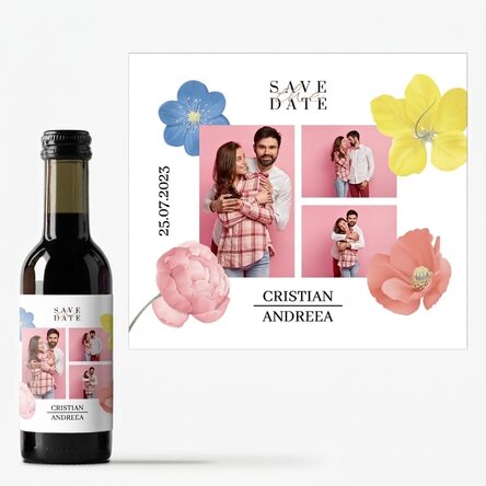 Mini-bouteille de vin personnalisée avec 3 photos et un texte - Save the date