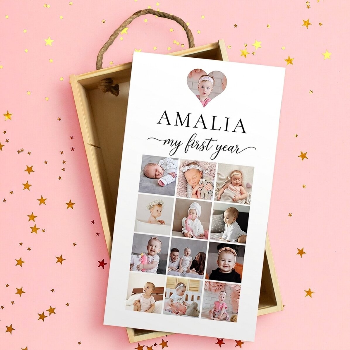 Gepersonaliseerde houten geschenkdoos met 13 foto’s en tekst – Mijn eerste jaar