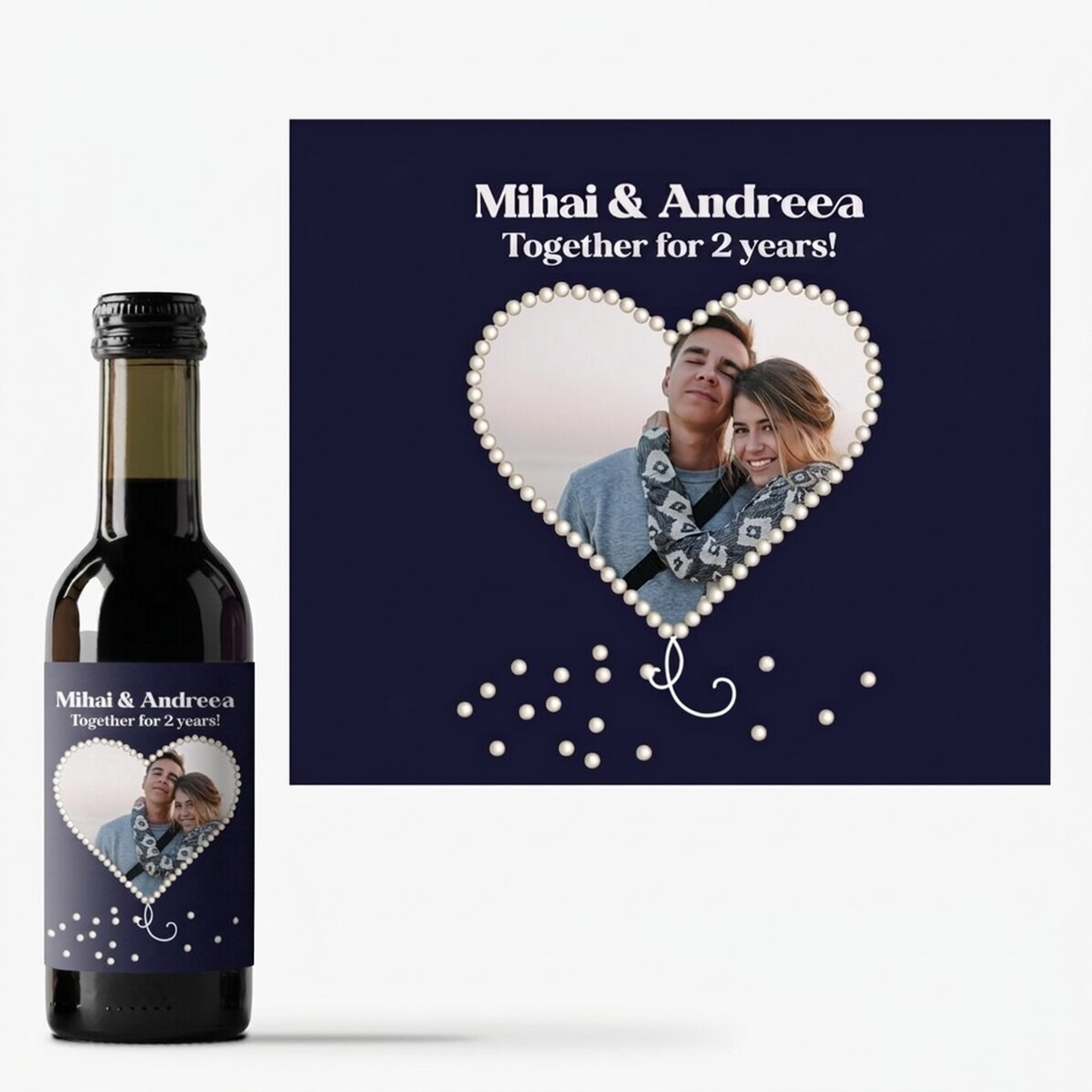 Mini-bouteille de vin personnalisée avec une photo en forme de cœur nacré