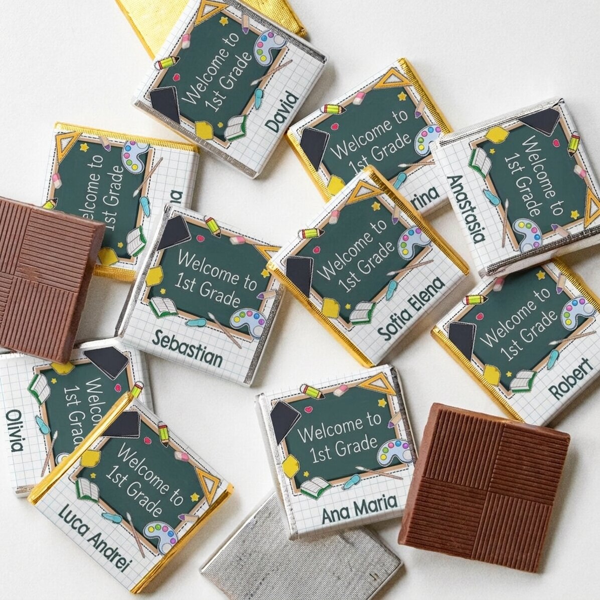 Set van 10 gepersonaliseerde minichocolade met tekst voor het begin van het schooljaar