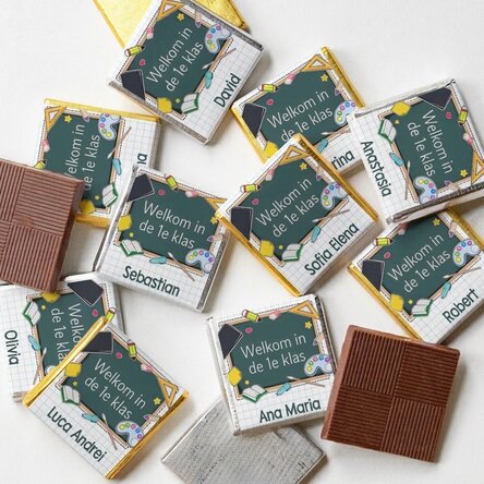 Set van 10 gepersonaliseerde minichocolade met tekst voor het begin van het schooljaar