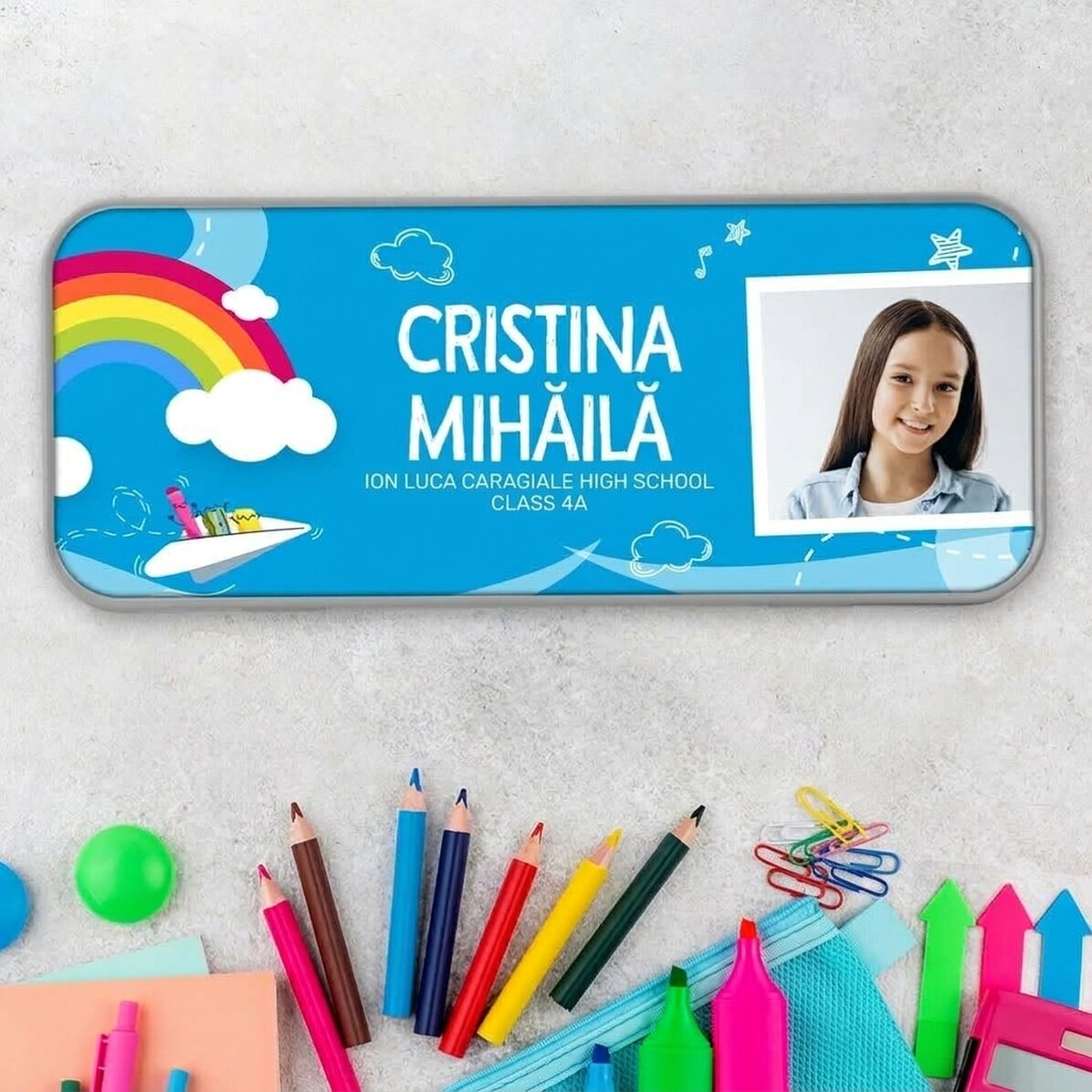 Gepersonaliseerd etui met een foto en tekst - Regenboogmodel