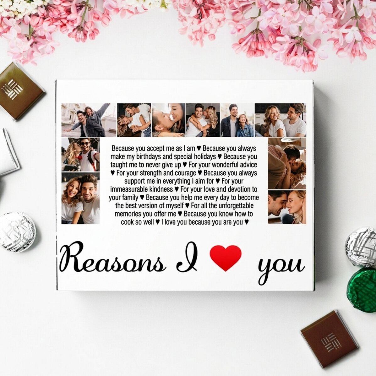 Boîte de bonbons personnalisée avec 20 photos et un texte - « Reasons I love you »