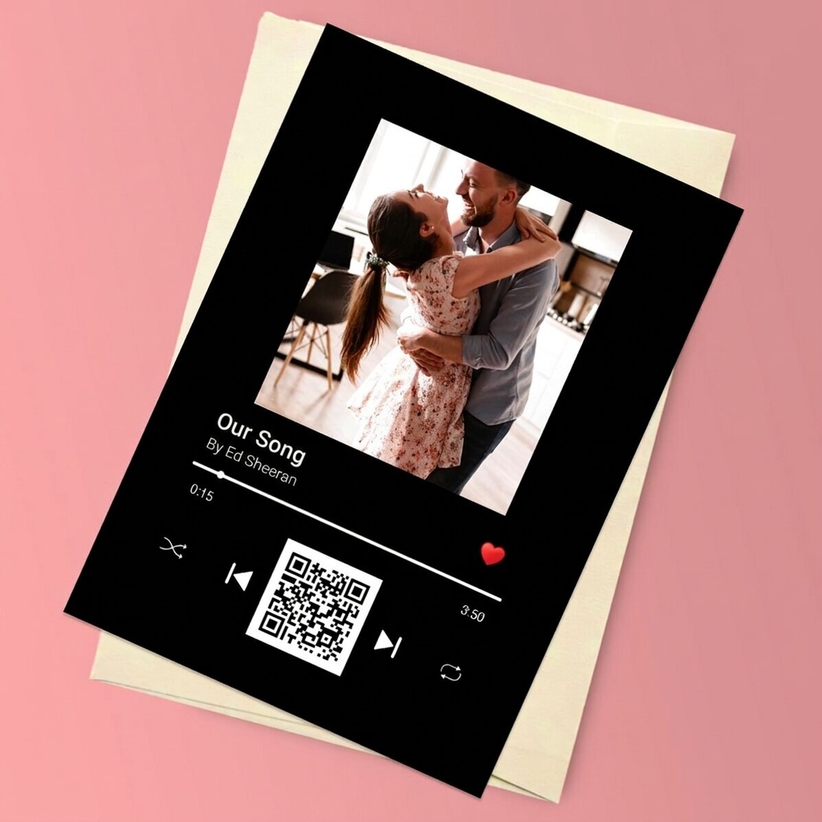 Gepersonaliseerde magnetische wenskaart met een foto, tekst en QR-code - Ons liedje