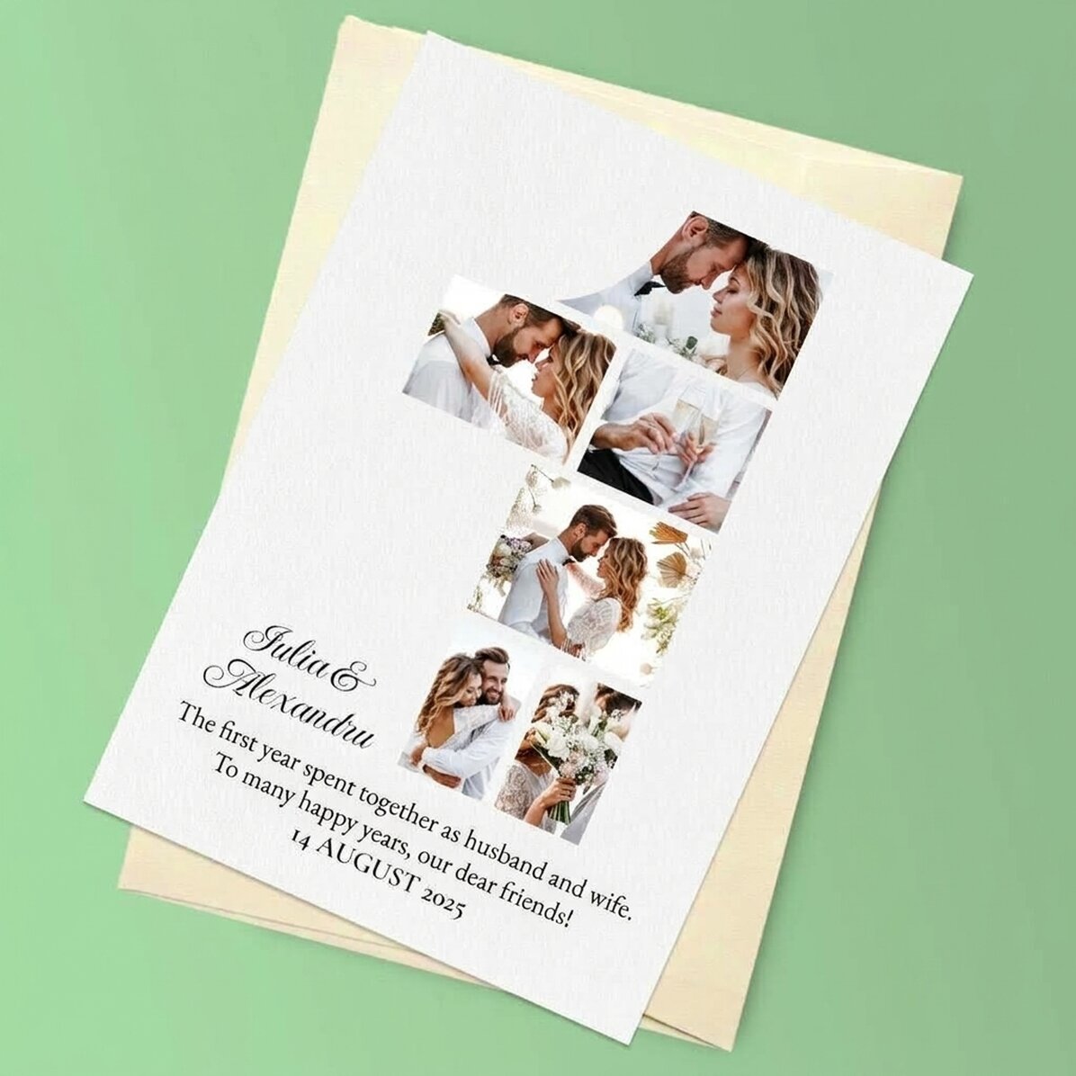 Gepersonaliseerde magnetische wenskaart met 6 foto’s en tekst voor de eerste verjaardag