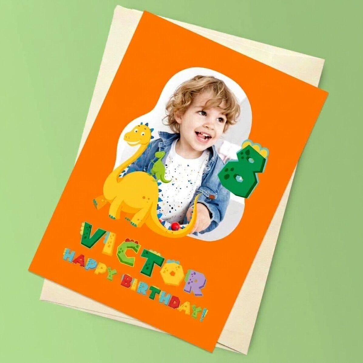 Carte de vœux magnétique personnalisée avec une photo, un chiffre et un texte - Dinosaure