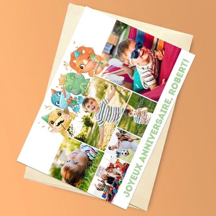 Carte de vœux magnétique personnalisée avec 6 photos et un texte - Dinosaures