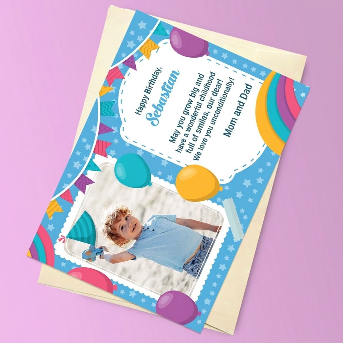 Gepersonaliseerde magnetische wenskaart met een foto en een boodschap voor kinderen