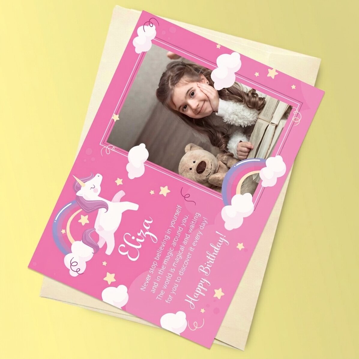 Gepersonaliseerde magnetische wenskaart met een foto en een boodschap voor kinderen - Eenhoorn