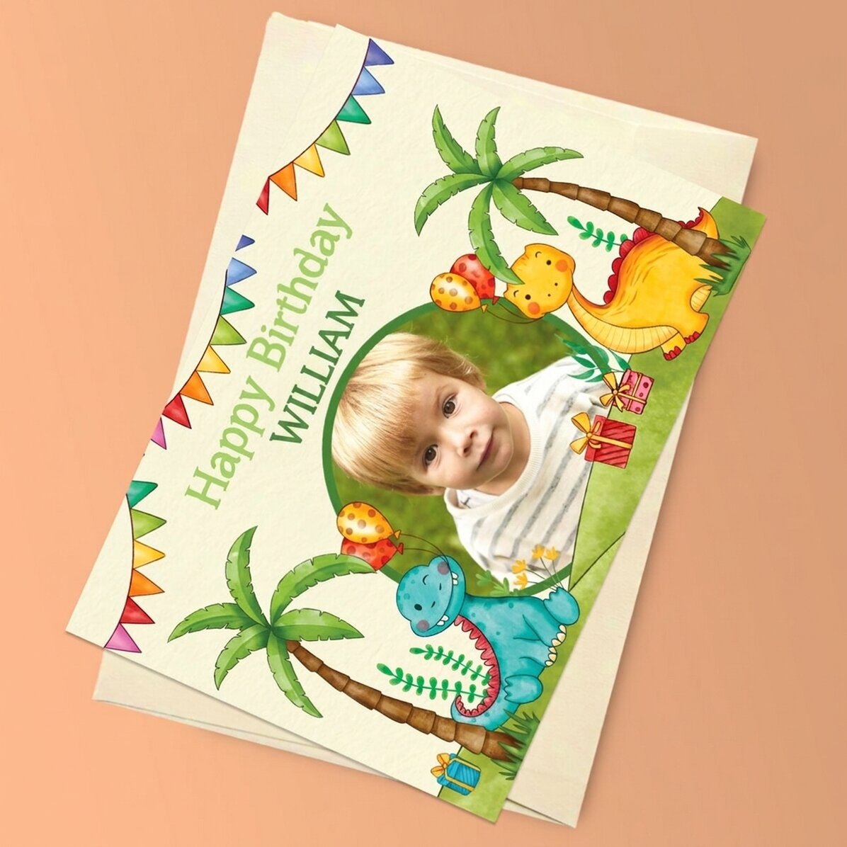 Gepersonaliseerde magnetische wenskaart met een foto en een boodschap voor kinderen - Dinosaurussen